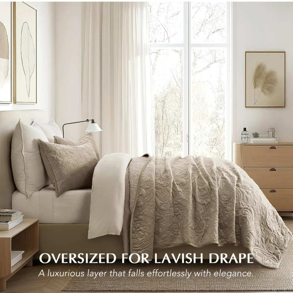 EVERGRACE Luxury Pearl Velvet Quilt Set Queen  3 Pieces, Soft Paisley-Stitch Vel